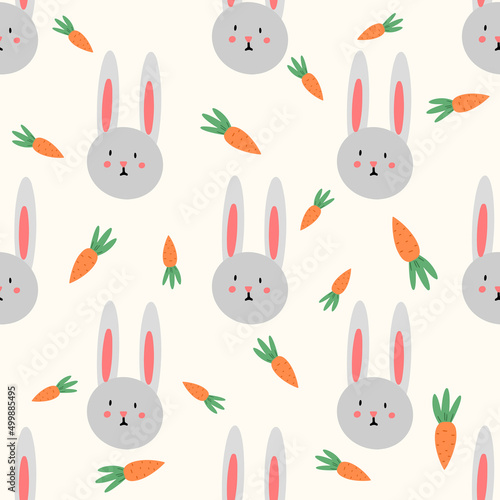 Easter bunny and carrot cute seamless pattern. Happy Easter background. Vector illustration for the design of fabric, gift paper, children s clothing, textiles, cards