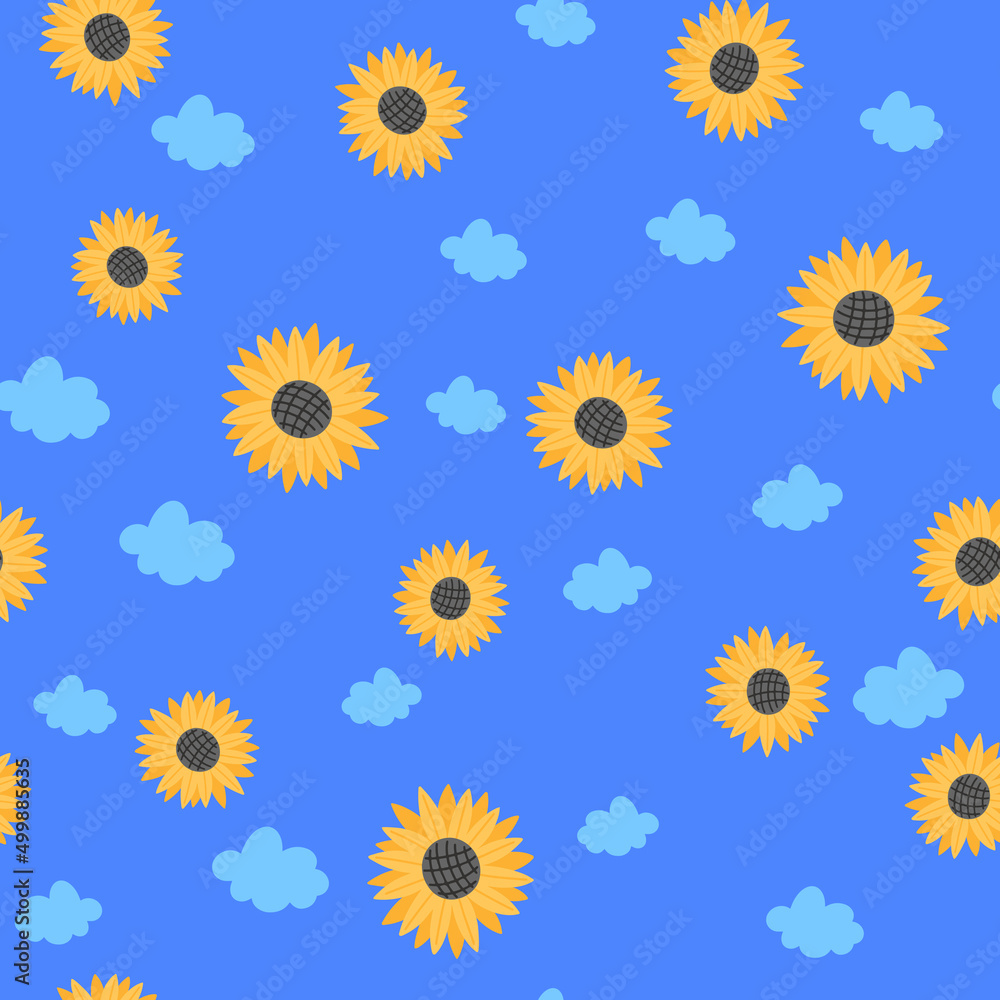 Sunflower and cloud cute seamless pattern. Ukraine concept. Vector illustration for fabric design, gift paper, baby clothes, textiles, cards. Sunflower and cloud cute seamless pattern. Ukraine concept. Vector illustration for fabric design, gift paper, baby clothes, textiles, cards.