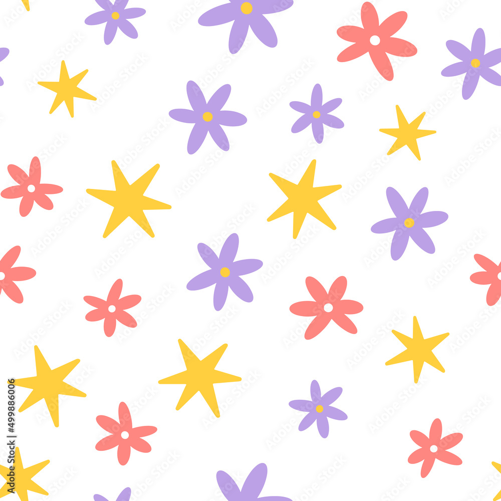 Flower and star seamless pattern. Scandinavian style background. Vector illustration for fabric design, gift paper, baby clothes, textiles, cards. Flower and star seamless pattern. Scandinavian style background. Vector illustration for fabric design, gift paper, baby clothes, textiles, cards.