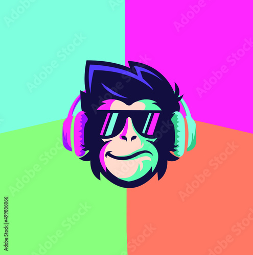 Cool monkey with glasses and headphones. Vector art. Monkey design. Colorful background.
