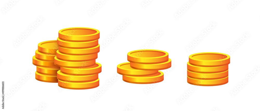 Set of 3d gold coins. Stack of gold coins. Vector clipart isolated on white background.