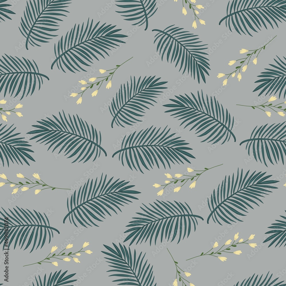 Seamless pattern tropical palm leaves and flowers vector