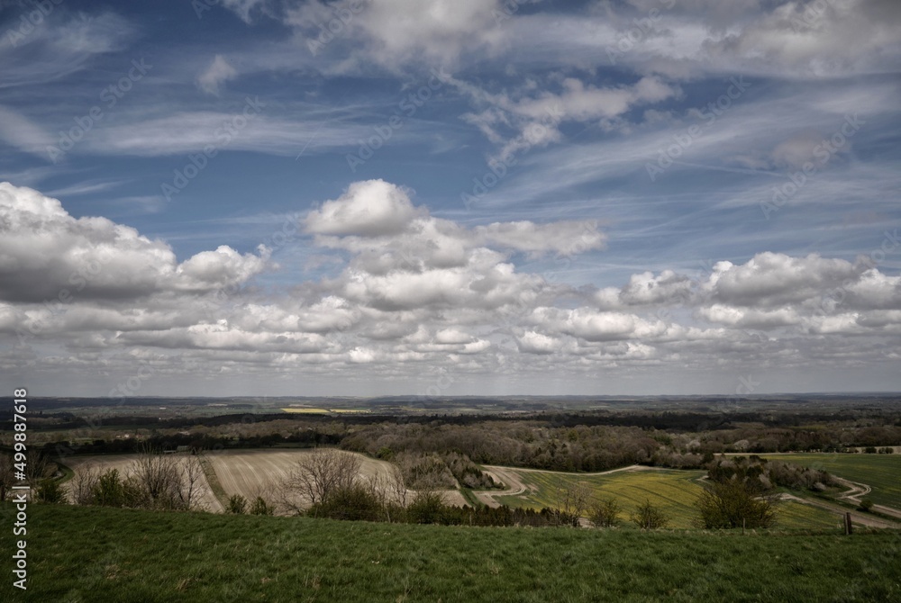 English landscape with sunshine, blue sky and coulds