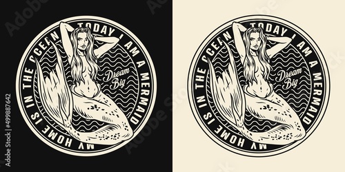 Monochrome round labels with mermaid on a black and white background. T-shirt design vintage style vector