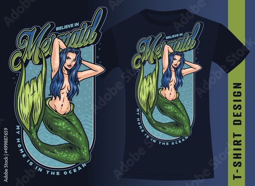 T-shirt design with siren mermaid. Colorful labels vintage style vector