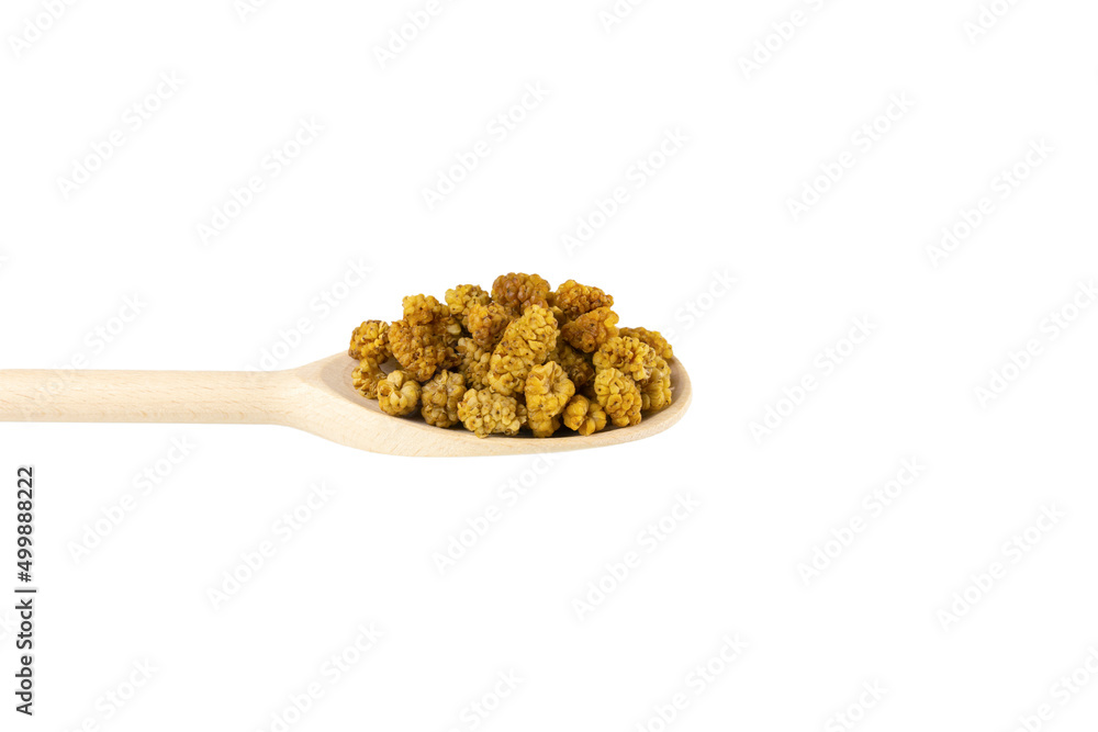 dried white mulberry fruit - latin Morus alba - on wooden spoon isolated on white background. Spices and food ingredients. dried white mulberry fruit - latin Morus alba - on wooden spoon isolated on white background. Spices and food ingredients.