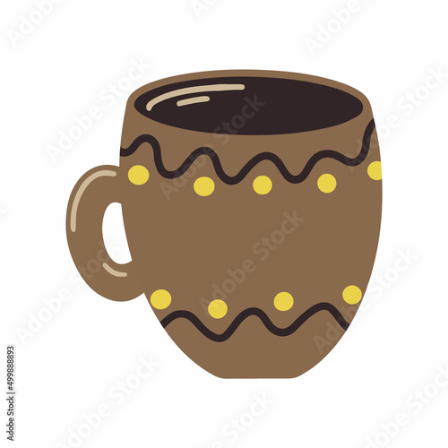 Hand drawn Cup of tea for tea party isolated on white background. Doodle mug of coffee icon. Cartoon cup with waves and dots design. Ceramic tableware for design, wrapping, restaurants and cafe