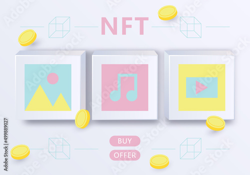 NFT or non fungible token. Concept blockchain technology illustration. NFT marketplace concept. Cryptoart and Collectibles exchanging technology network virtual blockchain marketplace concept