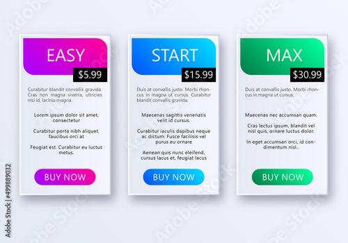 Price list with sale menu. User interface panel product price package box and button buy now. Template Design UX UI vector illustration. Pricing or subscription plan UI web elements. Website marketing