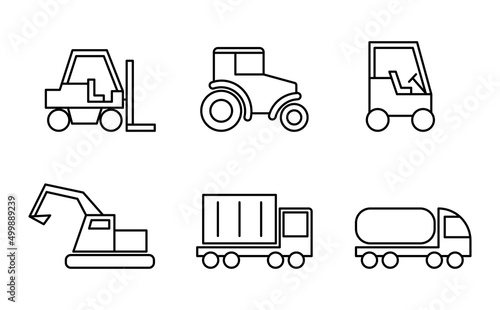 Vector illlustration with loader, tractor, truck, excavator. Linear icon.