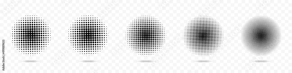 Circle halftone effects set. Abstract dotted circles, round halftones geometric dots.  Dot spray gradation vector set. Illustration halftone gradient spotted, rounded effect. Vector