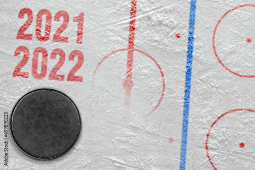 Fragment of a hockey arena with markings and a puck