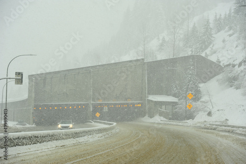 snow storm on the Coquihalla highway in British Columbia showing the famous snow sheds for protection on avalanche 