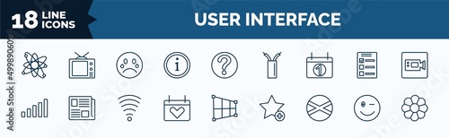 set of user interface web icons in outline style. thin line icons such as nuclear cells, information, first date, level, heart on calendar, jamaican, wink smile, image of a flower vector.