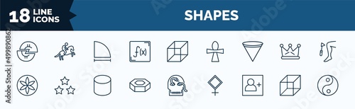 set of shapes web icons in outline style. thin line icons such as halving, function, inverted cone, flower of life, hexagonal prism, followers, rectangular prism, yin and yang vector.