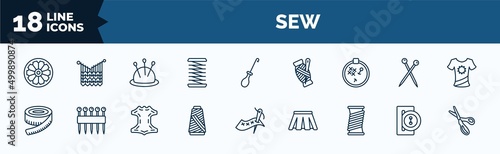 set of sew web icons in outline style. thin line icons such as spokes, coil, embroidery hoop, measuring, spool of thread, wire coil, buttonhole, pinking shears vector.