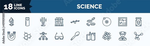 set of science web icons in outline style. thin line icons such as burner, tubes, electron, magnetism, eye protector, microorganism, professor, molecule vector.