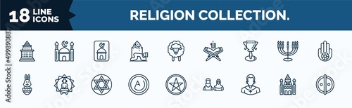 set of religion collection. web icons in outline style. thin line icons such as doi suthep, prayer, goblet, easter bunny, asceticism, priest, jewish, animism vector.