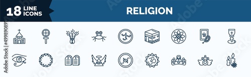 set of religion web icons in outline style. thin line icons such as christianity, pastafarianism, agticism, eye of ra, god, last supper, heresy, candles vector.