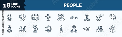 set of people web icons in outline style. thin line icons such as phone assistance, policeman standing up, teacher reading, king momo, preferences, locust, relation, ninja portrait vector.