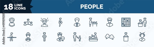 set of people web icons in outline style. thin line icons such as pierrot, stoh ache, matrix, rehabilitation, traffic police, speak bubble, speaker in a conference, japanese geisha vector.