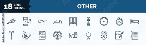 set of other web icons in outline style. thin line icons such as paper airplane, bump car, saw blade, work hammer, shooting gallery, women's bathroom, paper list and a pencil, notepad sheet vector.