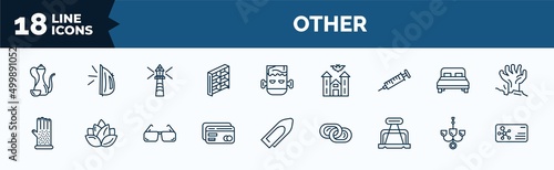 set of other web icons in outline style. thin line icons such as arabic jar, small shelf, syrnge, grooming glove, abstract business card, office clip, chandeliers, chemistry business card vector.