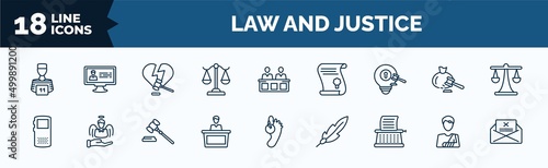 set of law and justice web icons in outline style. thin line icons such as convict, adminstrative law, intellectual property, recorder, court trial, stenographer, accident and injuries, crime letter