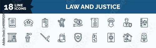 set of law and justice web icons in outline style. thin line icons such as death certificate, crime scene, , prisioner, immigration, real estate law, attorney