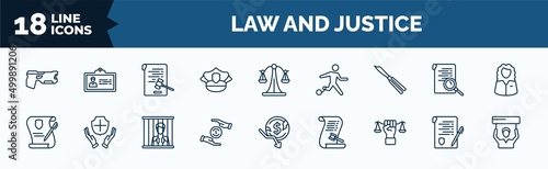 set of law and justice web icons in outline style. thin line icons such as electroshock weapon, police hat, butterfly knife, wills and trusts, property and finance, roman law, contract law, civil