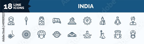 set of india web icons in outline style. thin line icons such as woman, tuk tuk, vishnu, navratri, malai kofta, hookah, durga puja, kathakali vector.