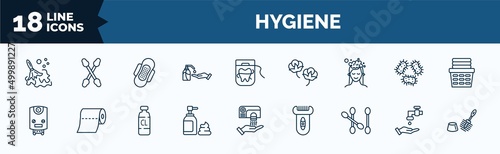 set of hygiene web icons in outline style. thin line icons such as wet cleaning, gel, hair washing, water heater, shaving gel, cotton swab, scrub up, toilet brush vector.