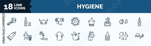 set of hygiene web icons in outline style. thin line icons such as appointment book, dryer, tissues, tooth paste, body shaming, varnish, bubble, shower cap vector.