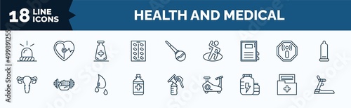 set of health and medical web icons in outline style. thin line icons such as emergency, medical strip, medical book, gynecology, syrup, proteins, result, treadmill vector.