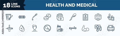 set of health and medical web icons in outline style. thin line icons such as urine, pills, medical checklist, injection, spermatozoon, biceps, blood pressure gauge, defibrillator vector.