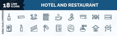 set of hotel and restaurant web icons in outline style. thin line icons such as champagne, minibar, check out, passport, room key, ramen, restaurant, room service vector.