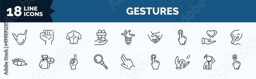 set of gestures web icons in outline style. thin line icons such as surfing, give a gift, drag down, eyelashes, look up, give up smoking, dubious, drag up vector.