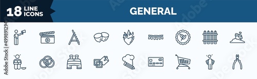 set of general web icons in outline style. thin line icons such as leader with loudspeaker, nuts, go green badge, poverty, live paint, shopping trolley, poor, nippers vector.