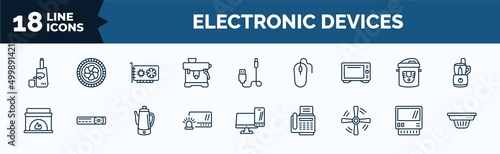 set of electronic devices web icons in outline style. thin line icons such as cold-pressed juicer, espresso maker, convection oven, furnace, burglar alarm, ceiling fan, lisa, smoke detector vector.
