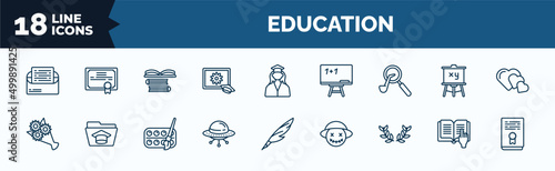 set of education web icons in outline style. thin line icons such as invitation, pictures, sherlock holmes, bouquet, ufo, laurel wreath, reading, thesis vector.