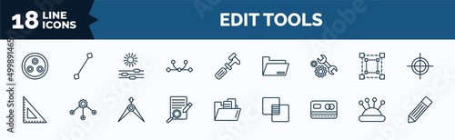 set of edit tools web icons in outline style. thin line icons such as quark, curvature, repair tools, school triangle, defining, blue card, needle case, pen edit vector.