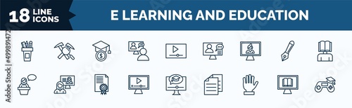 set of e learning and education web icons in outline style. thin line icons such as pencil box, online coaching, distance teacher, lecture, video tutorial, raise hand, digital book, game-based