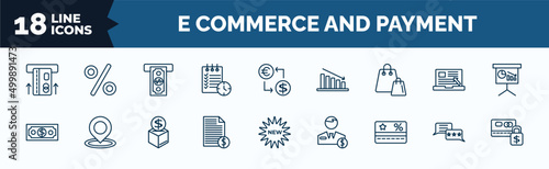 set of e commerce and payment web icons in outline style. thin line icons such as insert card, waiting list, merchandise, dollar bill, bills, loyalty card, customer review, payment security vector.
