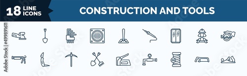 set of construction and tools web icons in outline style. thin line icons such as sanding hine, drain, glass wall, caulk gun, shovel and fork, copper, metal saw, planer vector.