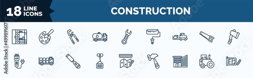 set of construction web icons in outline style. thin line icons such as big clo, fuel truck, trolley truck, clippers, derrick with load, big building, steamroller, house plan vector.