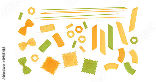 Italian pasta vector set, macaroni, farfalle, spaghetti, penne, fusilli, ravioli icon isolated on white background. Food illustration