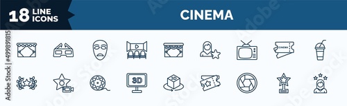 set of cinema web icons in outline style. thin line icons such as cinema curtain, movie theatre, television with antenna, movie award, 3 dimension screen, camera lens, star movie award, actress