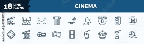 set of cinema web icons in outline style. thin line icons such as movie clapper open, theatre pillar, hd dvd, big play button, film negatives, 4k, papper cup with straw, big film roll vector.