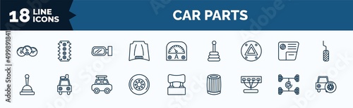 set of car parts web icons in outline style. thin line icons such as car dashboard, car hood, hazard lights, handbrake, hubcap, manifold, suspension, spare wheel vector.