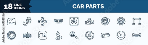 set of car parts web icons in outline style. thin line icons such as car windscreen, car cowl, disc brake, bearing, choke, reversing light, fuel gauge, bumper vector.